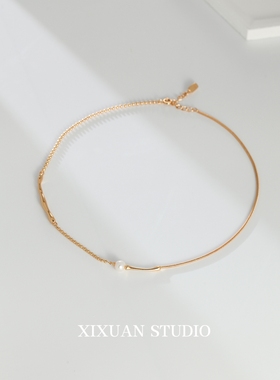 XIXUAN 纯银小众设计半蛇骨链/个性锁骨链/短款颈链/淡水珍珠点缀