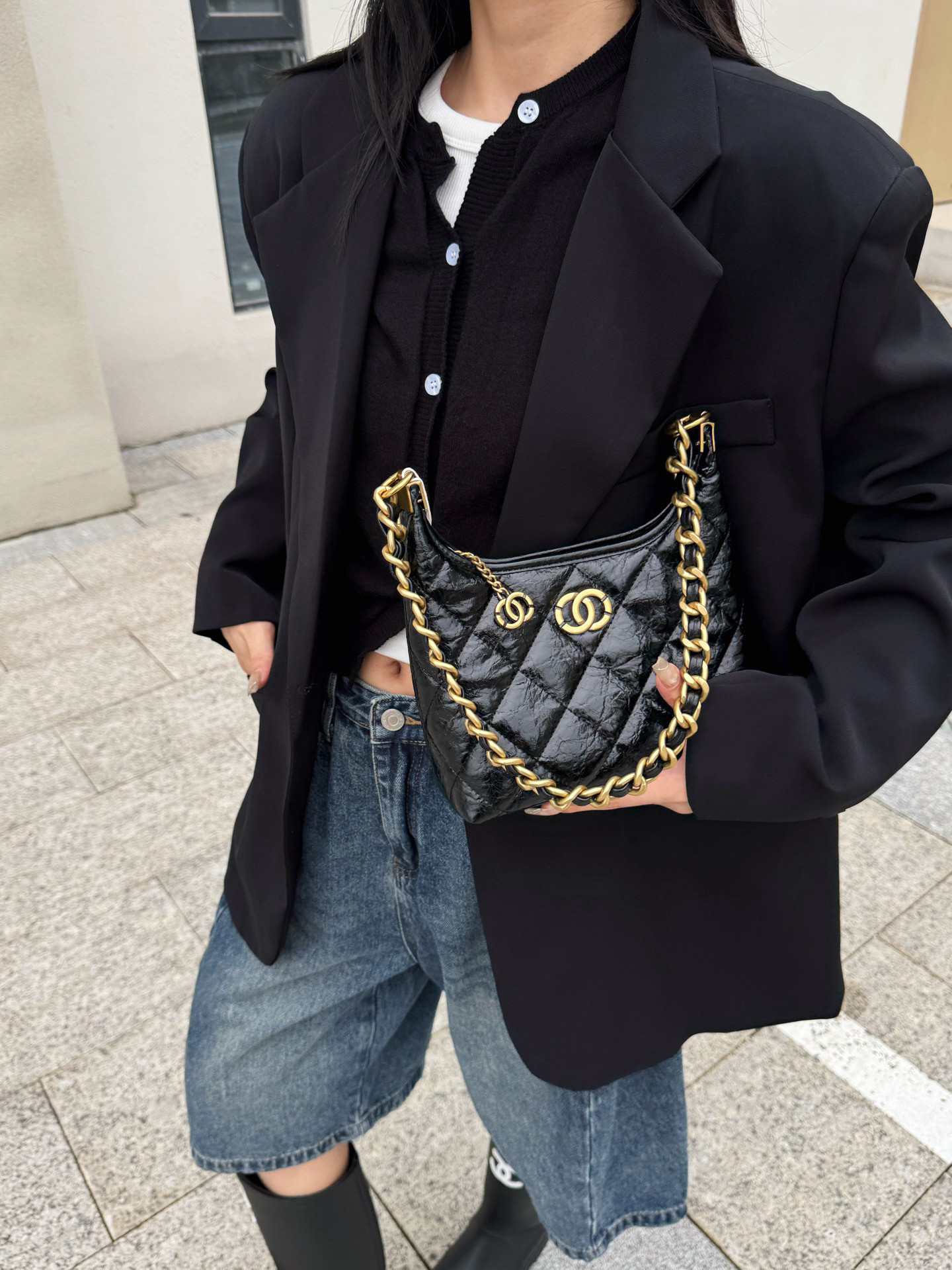 同丰女包小香风HOBO菱格绣线链条