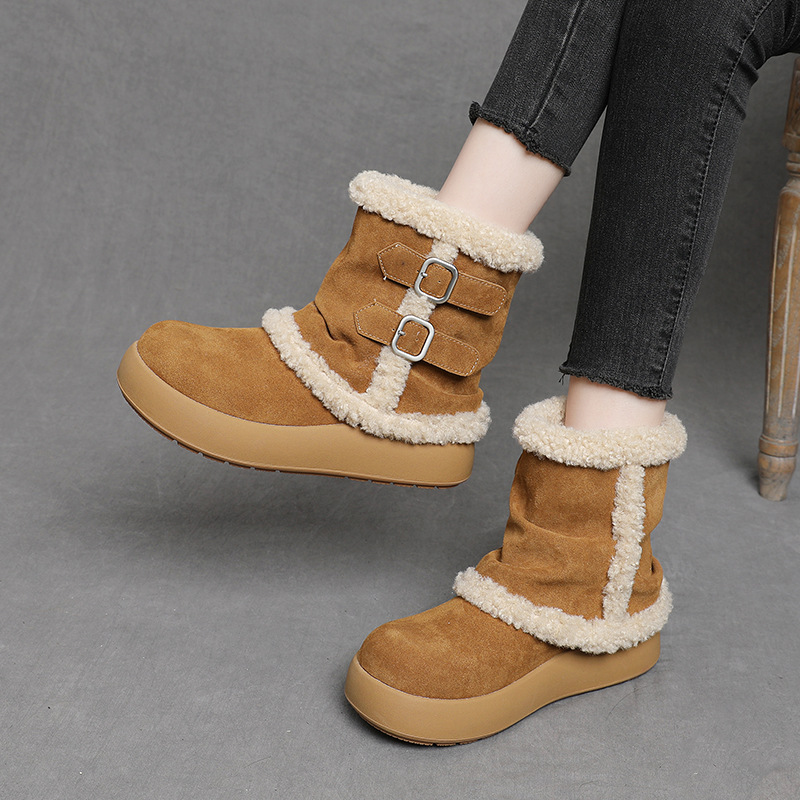 2025年秋冬季新款厚底绒面中筒靴羊羔绒毛毛面包棉鞋两穿雪地靴女