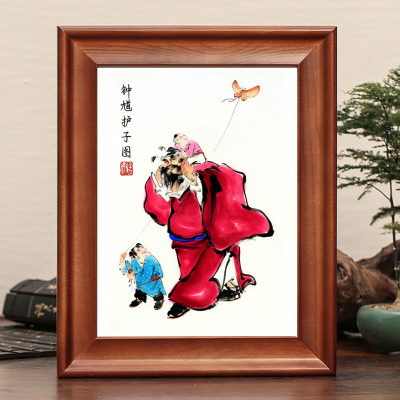 钟馗护子图实木框挂画水招财门