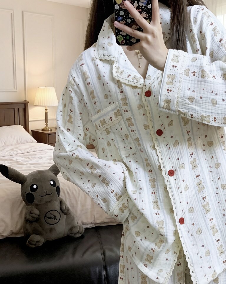 日系甜美全棉纱布睡衣女春秋长袖可爱碎花小熊学生卡通家居服套装