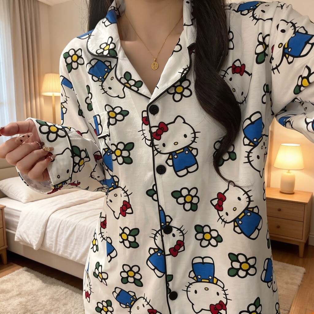 日系可爱kitty睡衣女春秋季纯棉长袖学生卡通休闲薄款家居服套装