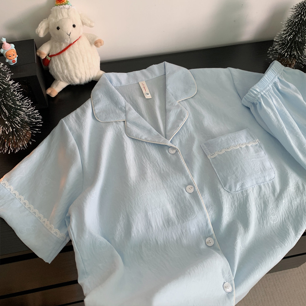 睡衣女日系简约公主风短袖短裤夏带胸垫压花猫咪云朵棉家居服套装
