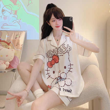 睡衣少女2024年新款夏天冰丝卡通可爱KT猫家居服薄短袖短裤两件套