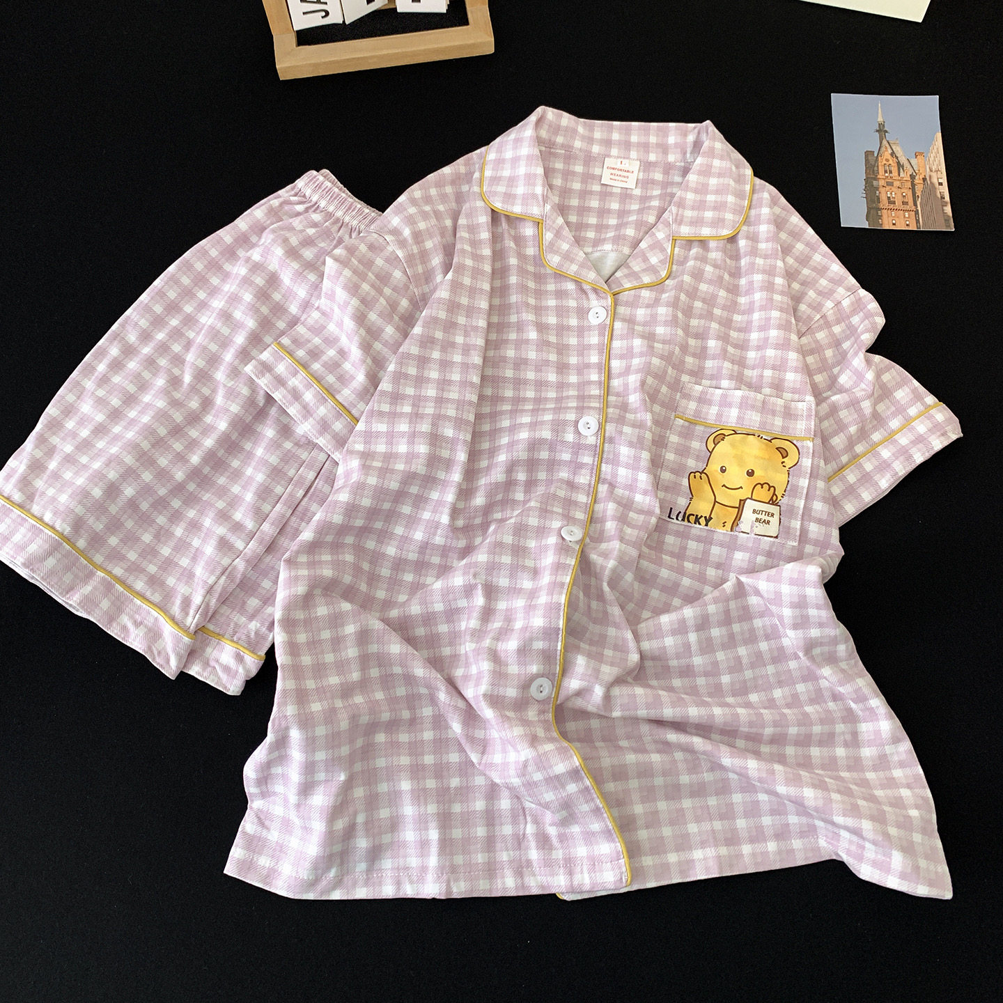 日系可爱鲜芋格纹纯棉睡衣女款夏季薄款卡通衬衫领短袖家居服套装
