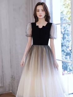 晚会礼服女伴娘团主持人伴娘礼服显瘦新款黑色公主艺考缎面秋冬