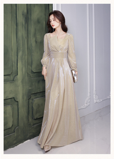 法式年会晚礼服女2025新款高级感气质长袖在逃公主声乐艺考连衣裙