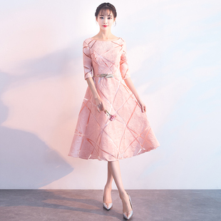 粉色伴娘服中长款2025秋冬新款韩版伴娘团礼服姐妹裙修身晚礼服女