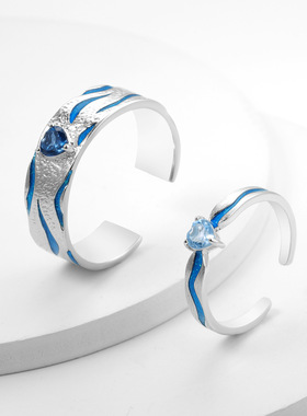 设计师款S925银欧美复古vintage高颜值珐琅情侣对戒纯银开口戒指