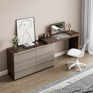 主卧梳妆台斗柜一体实木梳妆桌化妆镜胡桃色化妆桌床尾储物收纳柜