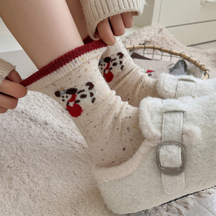 可爱袜子女中筒袜ins潮日韩百搭外穿搭毛拖鞋 小狗点子纱堆堆长袜
