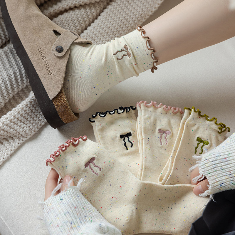 哇趣个性潮搭早秋新款少女粉色木耳边长筒堆堆袜日韩蝴蝶结中筒袜