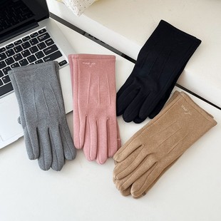 三道筋骑行防风德绒手套女士秋冬季薄绒款防寒保暖露指头触屏全指