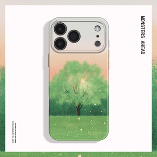 温柔渐变晚霞绿树油画适用苹果17 16 15 14 13 12 11手机壳nova10荣耀500华为mate80 70 60 50 40 30一加15软