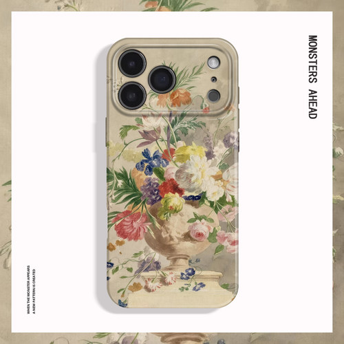 复古油画花卉花瓶适用苹果18 17 15 14 13 12 11手机壳nova16华为mate80 p70 60 50 40 30一加15T红米K90防摔