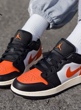 Nike耐克运动鞋女鞋秋季新款AJ1黑橙扣碎休闲鞋减震低帮篮球板鞋