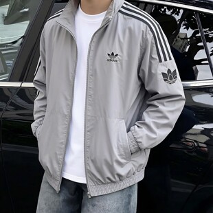 阿迪达斯三叶草外套男春季新款灰色宽松运动服美式棒球服立领夹克