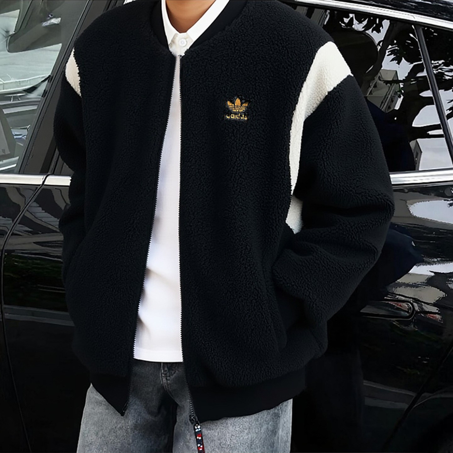 阿迪达斯三叶草棒球服男冬季新年款宽松美式羊羔绒夹棉双面穿外套