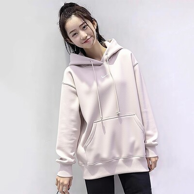Nike耐克宽松卫衣女装保暖上衣粉色浅色加绒加厚跑步连帽运动外套