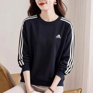 阿迪达斯黑色卫衣女上衣秋季新款宽松运动韩版纯棉针织打底套头衫