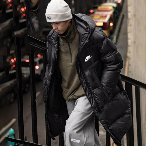 耐克防风保暖连帽长款羽绒服男