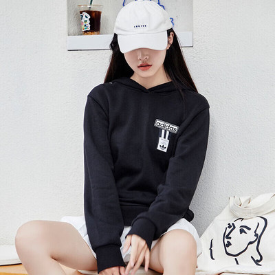 阿迪达斯三叶草卫衣女春季新款连帽排扣纯棉宽松套头衫外套HH9449