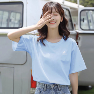 休闲半袖 新款 纯棉上衣百搭纯色T恤IT4336 女夏季 阿迪达斯蓝色短袖