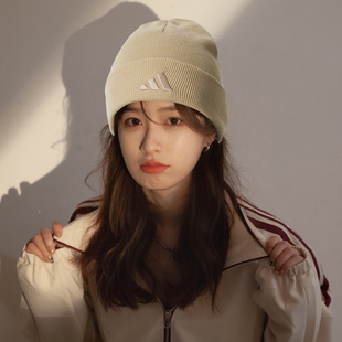阿迪达斯针织帽女帽子冬季新款保暖护耳美式冷帽卡其运动毛线帽男