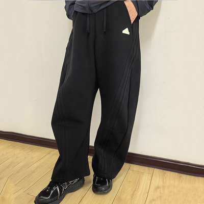 阿迪达斯香蕉裤女裤子冬季新款针织阔腿裤黑色宽松运动裤女JX6713