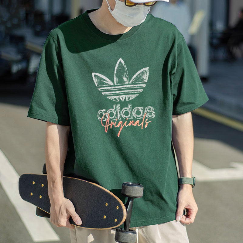 阿迪达斯三叶草绿色T恤男夏季新款宽松大码美式纯棉复古印花短袖