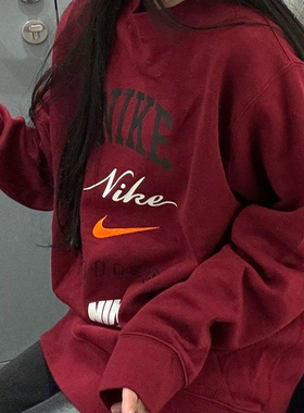 红色加绒卫衣耐克正品男女装保暖宽松休闲服户外运动套头衫FN2611