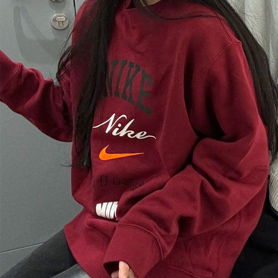 红色加绒卫衣耐克正品男女装保暖宽松休闲服户外运动套头衫FN2611