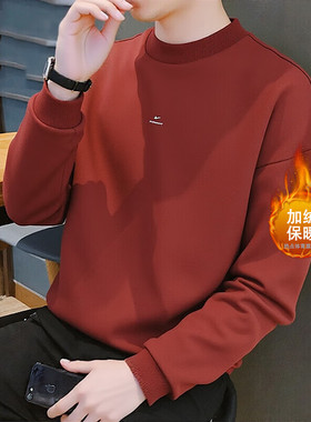 耐克卫衣男装酒红色新年款运动服加绒保暖圆领Nke美式宽松套头衫