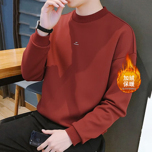 耐克卫衣男装酒红色新年款运动服加绒保暖圆领Nke美式宽松套头衫