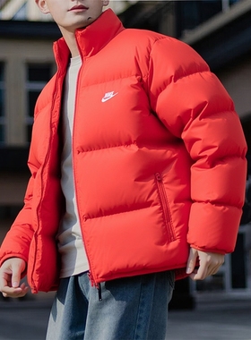 耐克红色立领羽绒服男26冬季新款Nike保暖宽松休闲夹克外套FZ5029