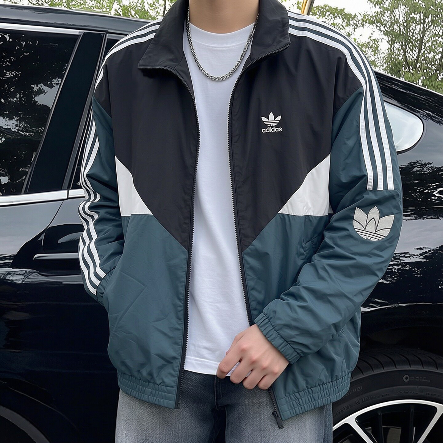 阿迪达斯三叶草梭织外套男秋季新款立领防风美式复古宽松棒球服男