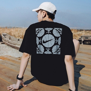 Nike耐克大标印花短袖男士篮球T恤夏季新款纯棉运动装宽松黑上衣