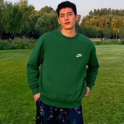 Nike耐克绿色圆领卫衣正品加绒套头衫冬季新款保暖运动上衣棉男装
