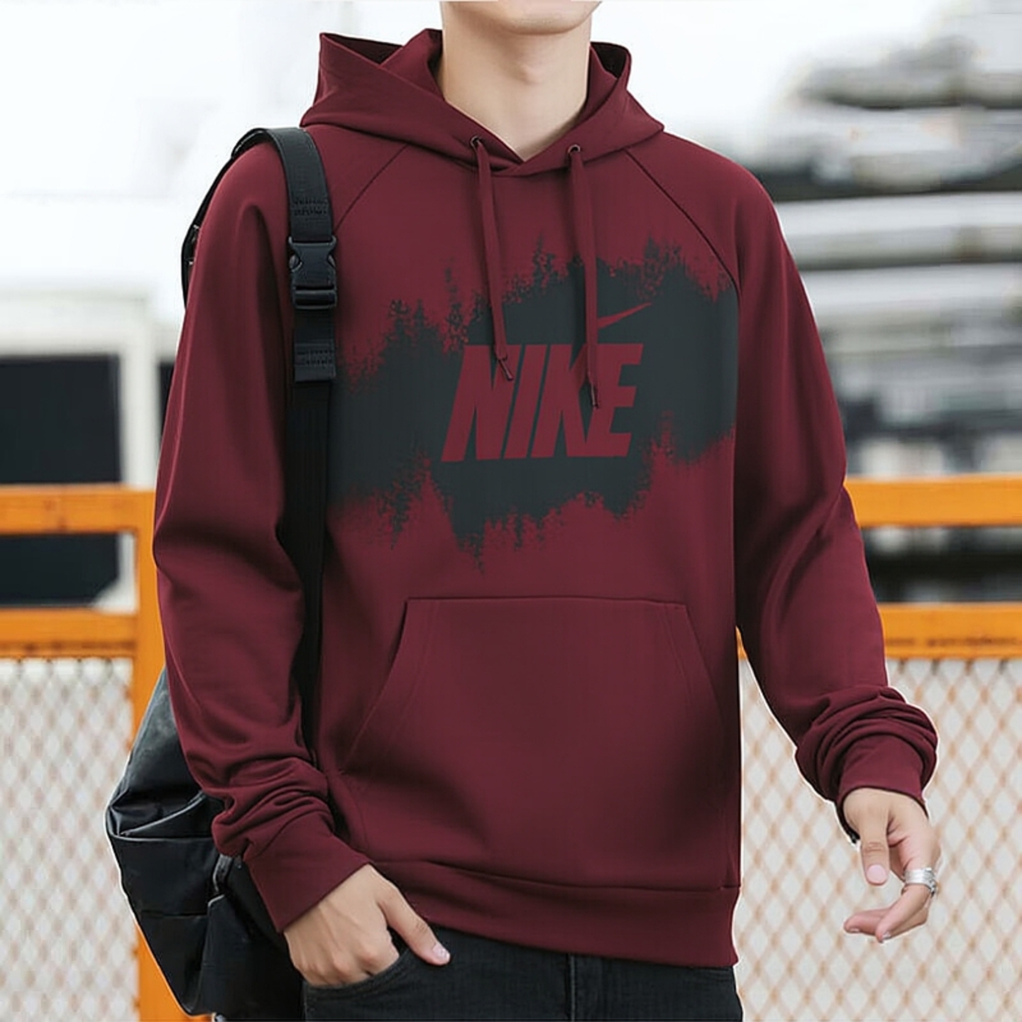 红色加绒卫衣耐克男装25秋冬新款加厚防风保暖连帽运动休闲套头衫