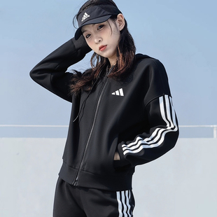 阿迪达斯连帽外套女秋季 棒球服休闲针织夹克 新款 三条杠运动美式