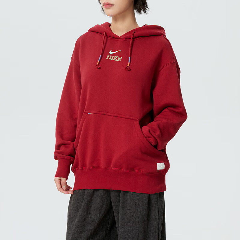 Nike耐克新款女连帽卫衣红色纯棉毛圈舒适百搭时尚长款套头衫潮流