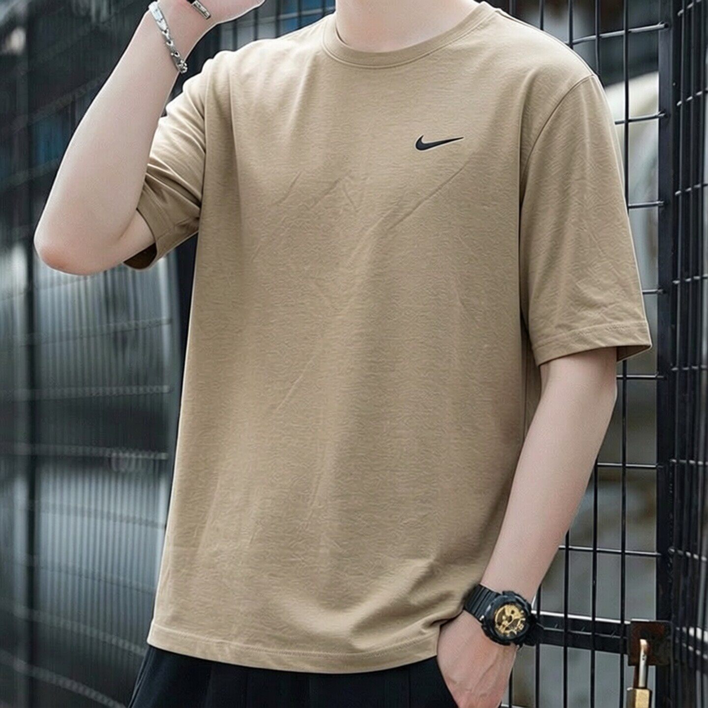 Nike耐克卡其色短袖男士纯棉运动T恤正品圆领上衣夏季新款五分袖