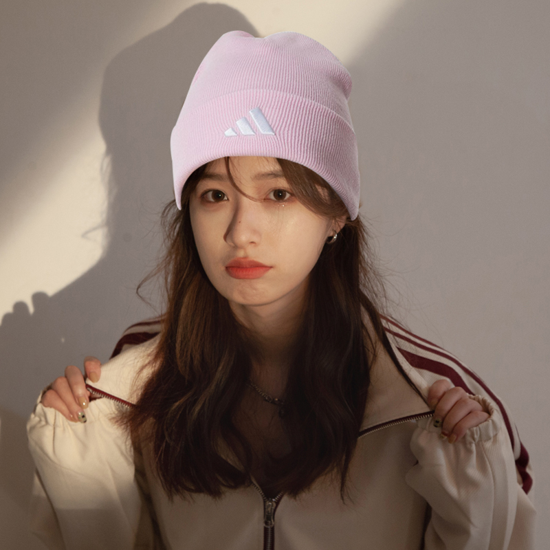 阿迪达斯针织帽女冬季新款粉色保暖包头冷帽运动滑雪毛线帽男帽子