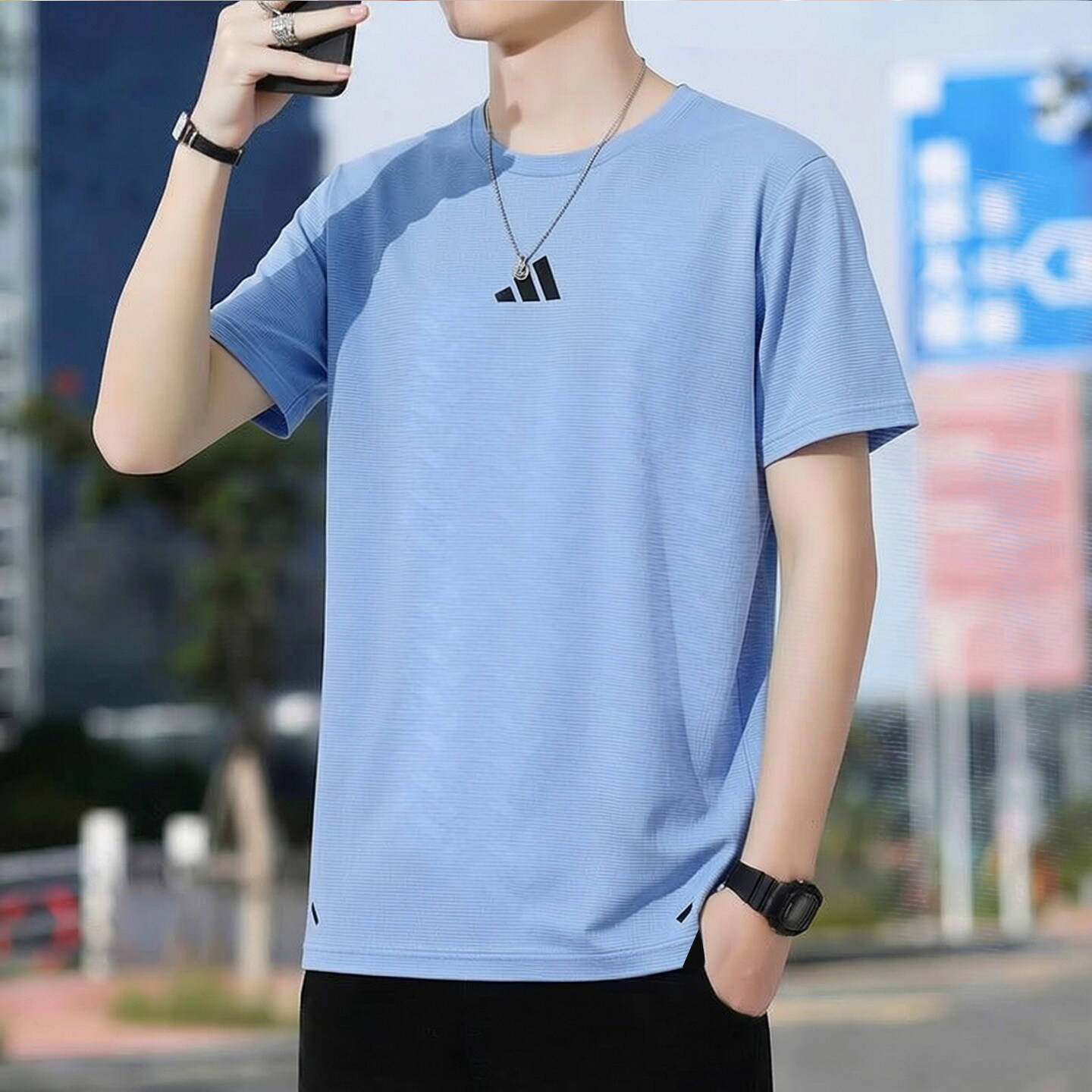 阿迪达斯蓝色短袖男T恤夏季新款透气冰丝凉感运动服薄款宽松半袖