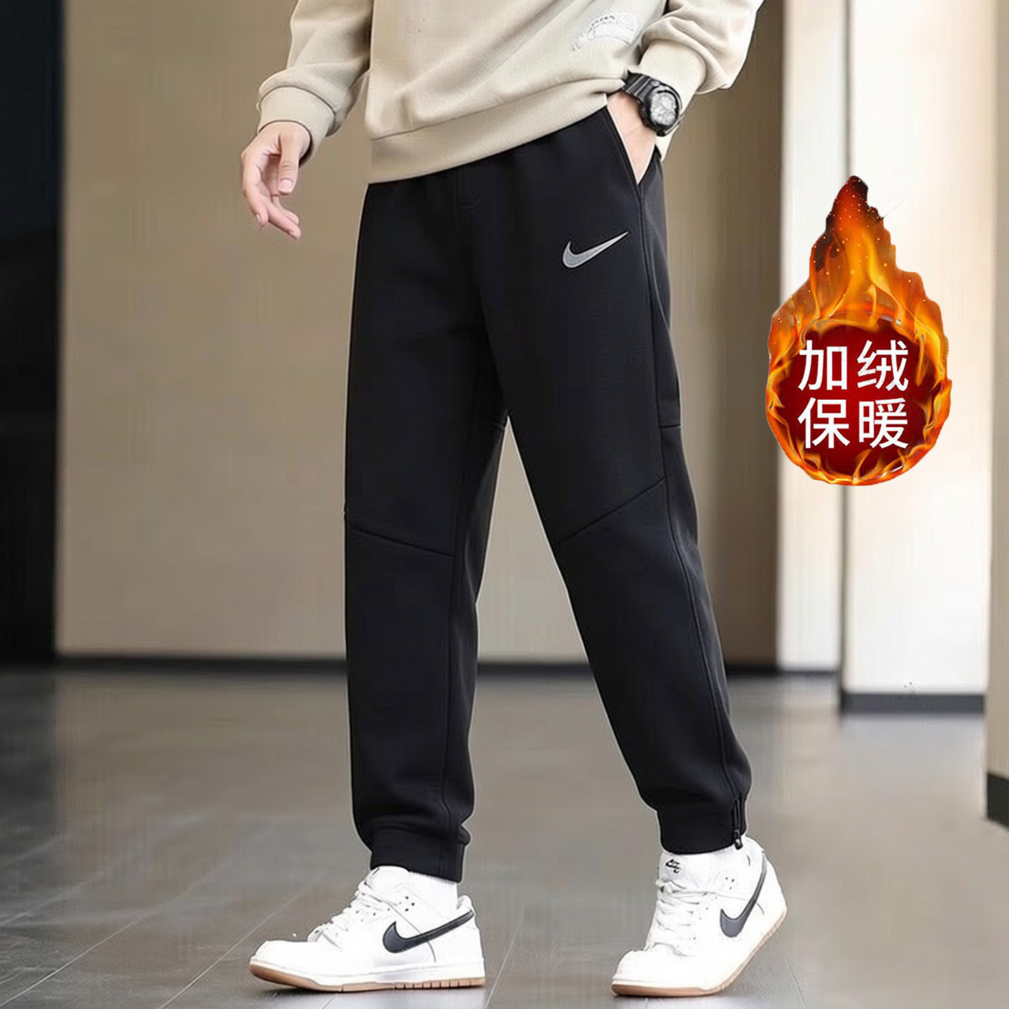 加绒男裤耐克长裤保暖冬款加厚宽松大码锥形小脚裤卫裤篮球运动裤