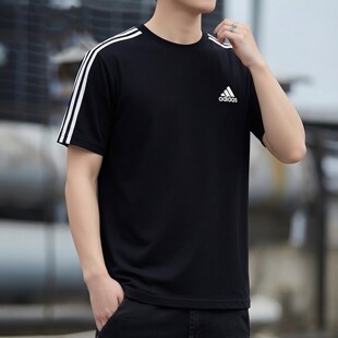 黑白色t恤重磅运动上衣 纯棉简约半袖 阿迪达斯宽松休闲短袖 男夏季
