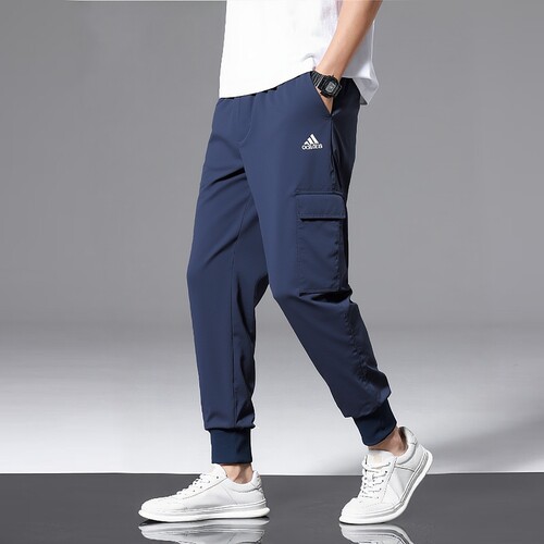 阿迪达斯蓝色男裤夏季新款运动裤长裤大口袋工装裤梭织透气休闲裤
