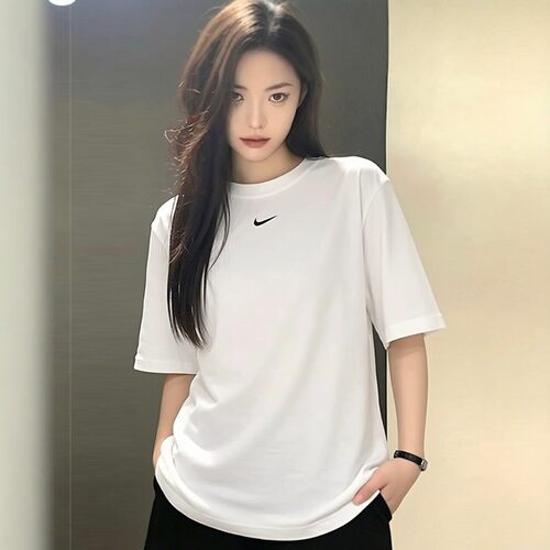Nike耐克纯棉白色T恤夏季新款女士短袖健身运动上衣宽松版五分袖