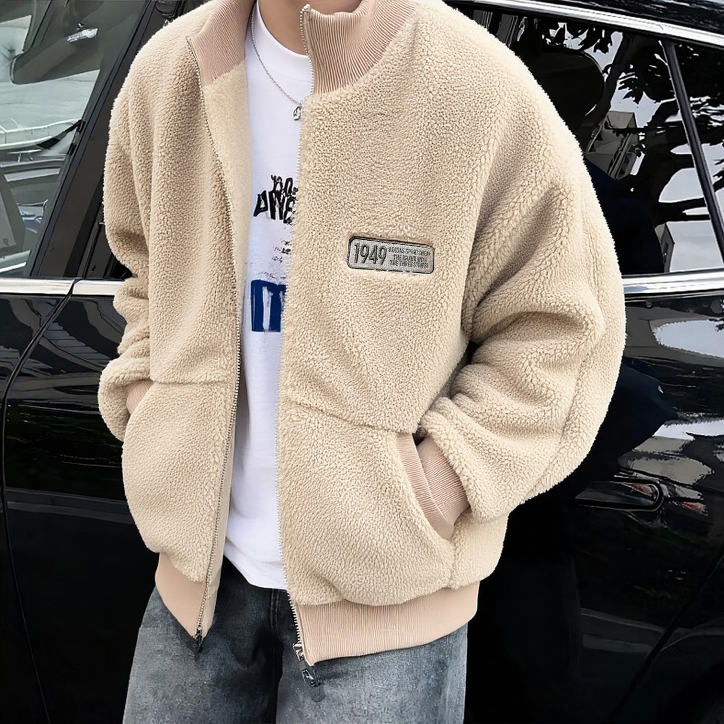 阿迪达斯毛绒外套男冬季新款美式宽松加厚立领复古摇粒绒棒球服男