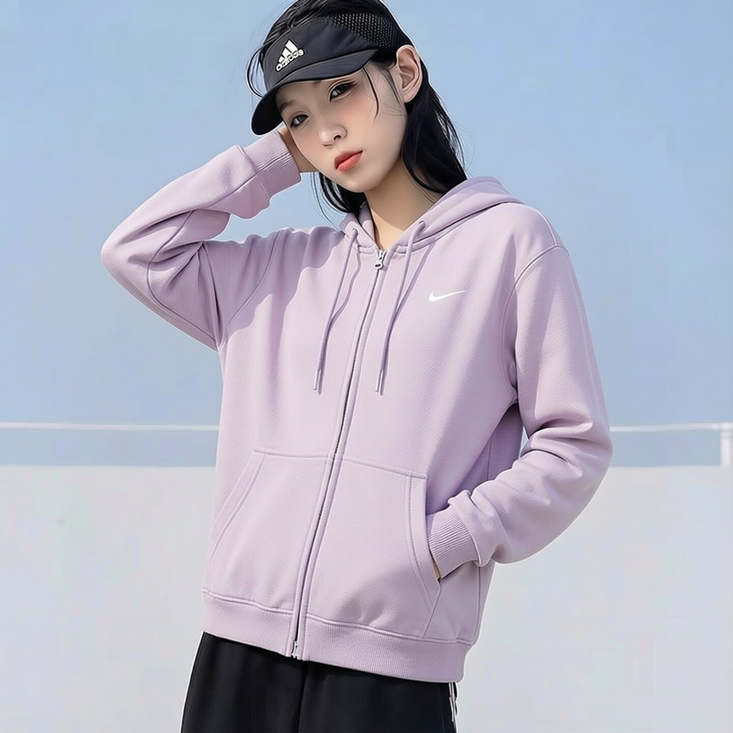 Nike耐克淡紫色外套新款针织棉质上衣女士连帽卫衣防风夹克运动服